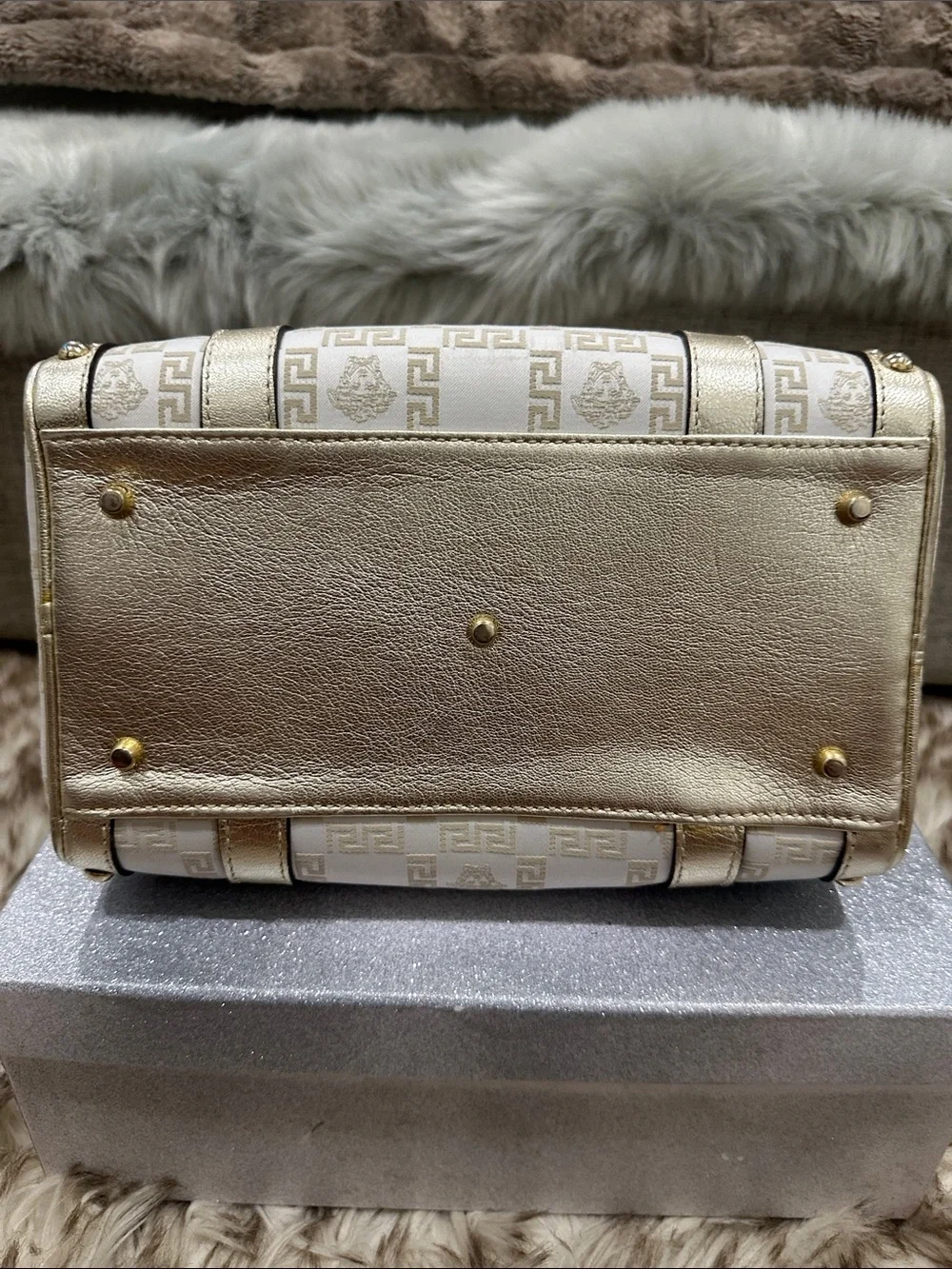 VERSACE Gold and Cream Logo Medusa & Greek key chain Satchel Handbag w/ lock-key